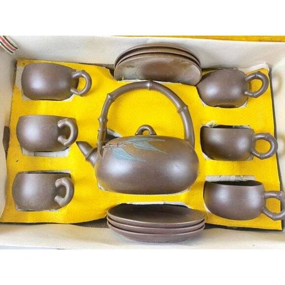 Vintage Chinese Yixing Zisha Clay Bamboo Teapot Set With 6 Cups & Saucers Origin - Picture 1 of 10